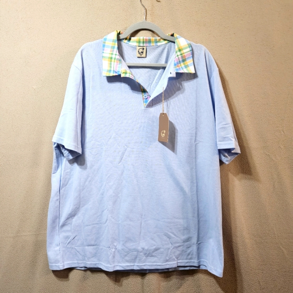 NWT Women's Blue Polo Golf Shirt with Plaid Collar In Size 3xl